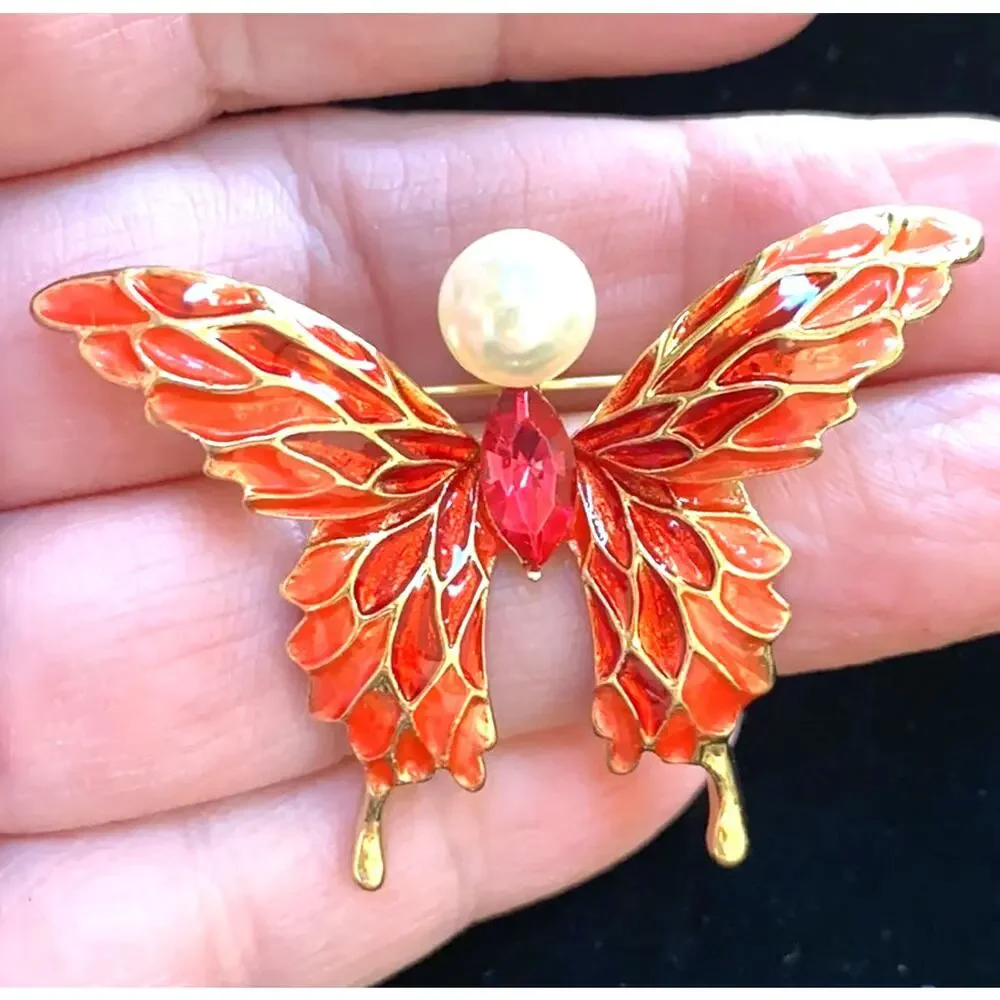 Butterfly brooch gold pink pink rhinestone delicate coral enamel faux pearl